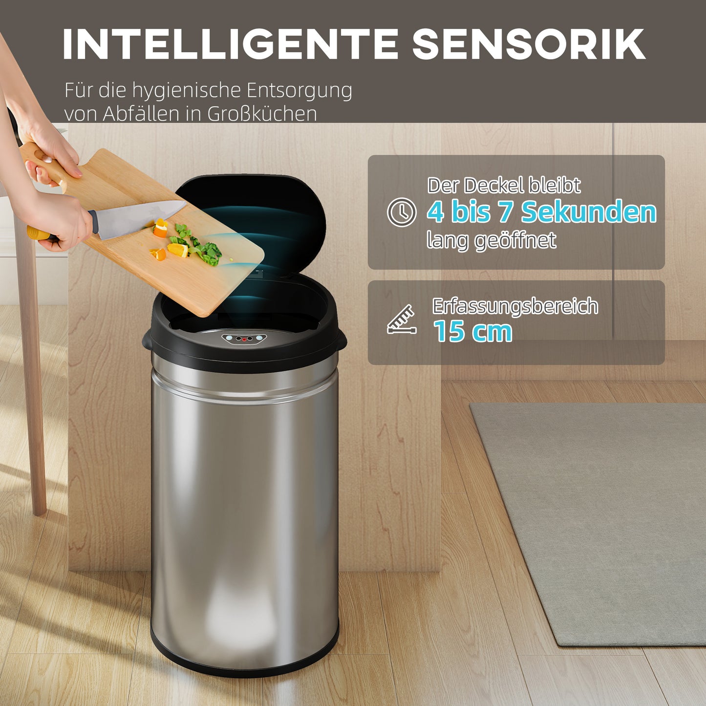 HOMCOM 30 Liter Sensor-Mülleimer mit Soft-Close-Funktion, berührungsfreier Abfalleimer aus Edelstahl für hygienische Küchen