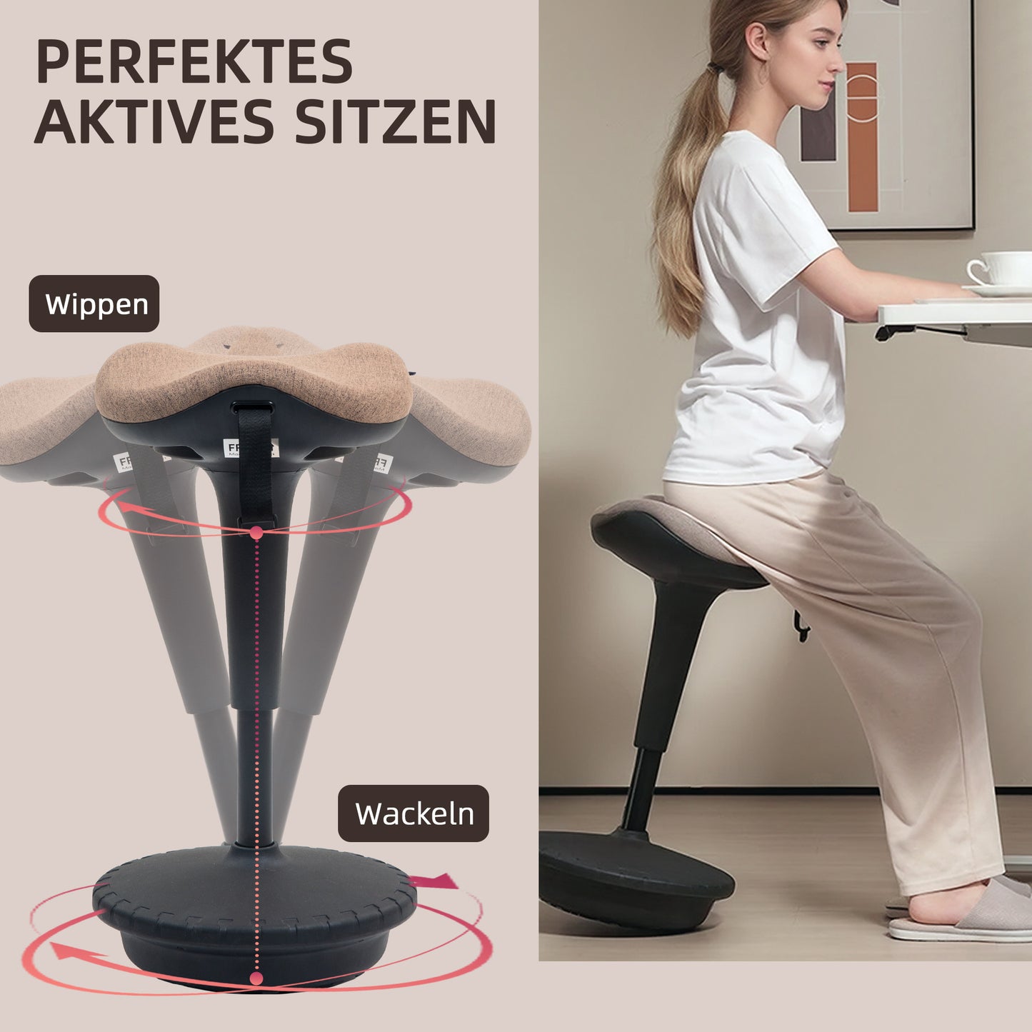 HOMCOM Balancehocker, beweglicher Sitz, drehbarer Bürohocker, höhenverstellbar, ergonomisch, 34 x 34 x 68,5-83,5 cm, Braun