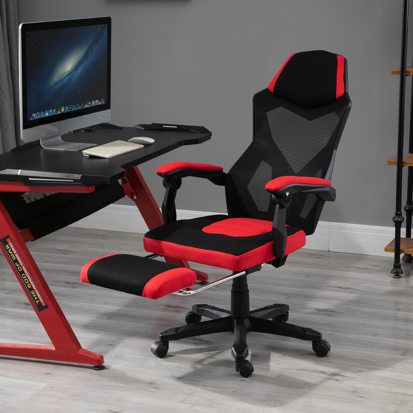 Vinsetto Ergonomischer Bürostuhl, Gaming Stuhl, Drehstuhl mit Fußstütze, PC Stuhl, Chefsessel, höhenverstellbar, Polyester, Schwarz+Rot,58 x 63 x 112-122 cm