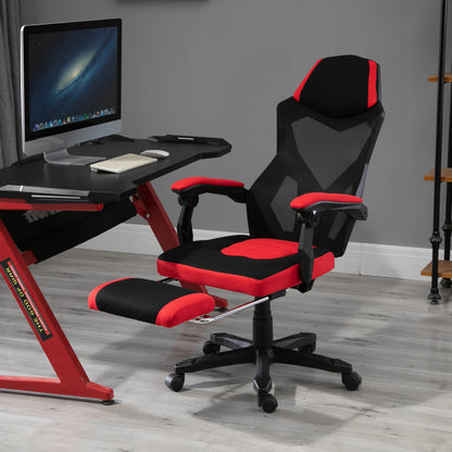 Vinsetto Ergonomischer Bürostuhl, Gaming Stuhl, Drehstuhl mit Fußstütze, PC Stuhl, Chefsessel, höhenverstellbar, Polyester, Schwarz+Rot,58 x 63 x 112-122 cm