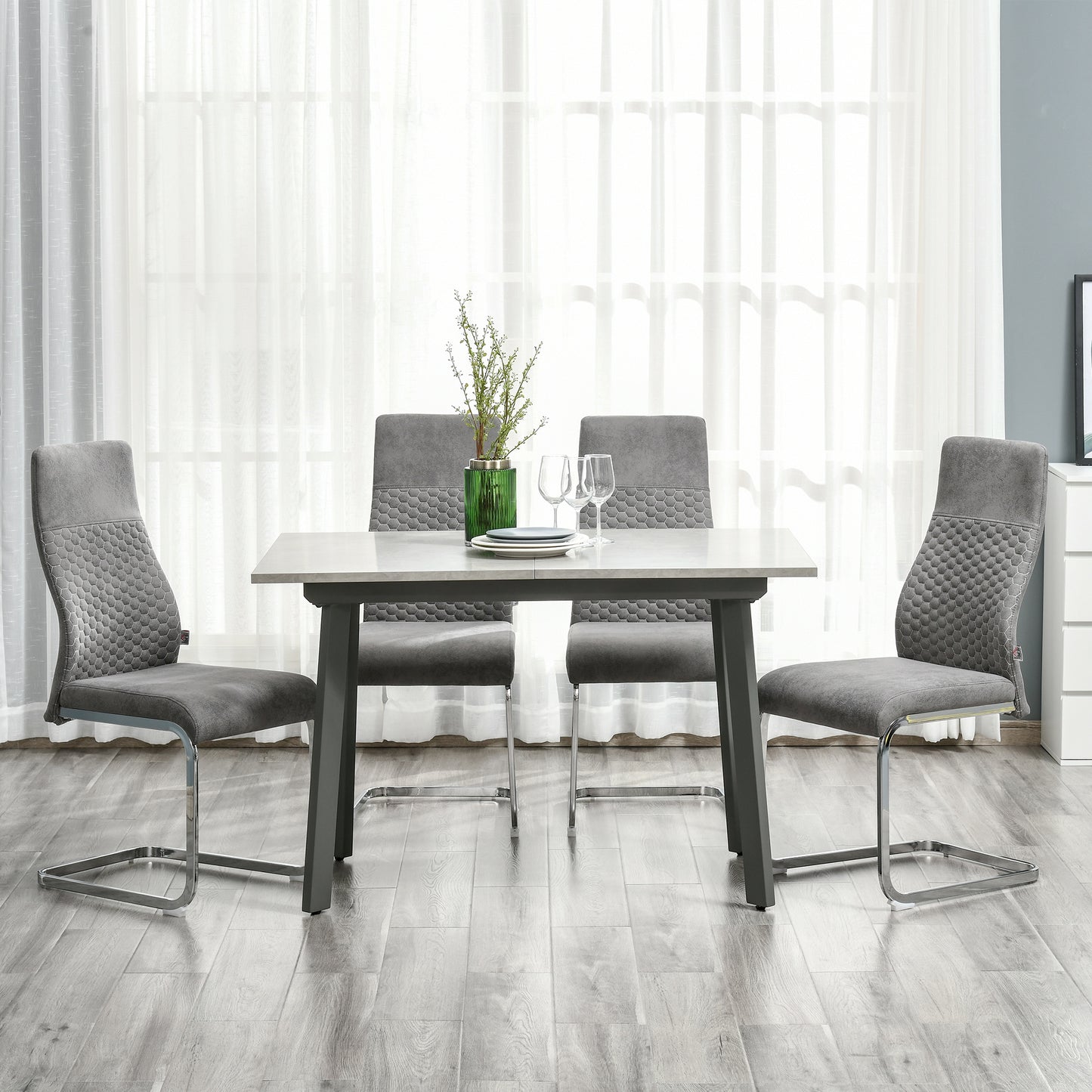 HOMCOM 4er-Set Freischwinger Esszimmerstühle 4-teilig Küchenstühle, Mikrofaser, 45 x 61 x 98 cm, Grau