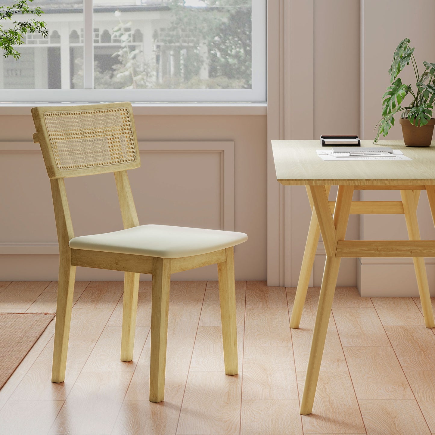 HOMCOM Esszimmerstuhl, Rattan-Rückenlehne, Kunstleder-Sitz, Kautschukholz, Naturholz