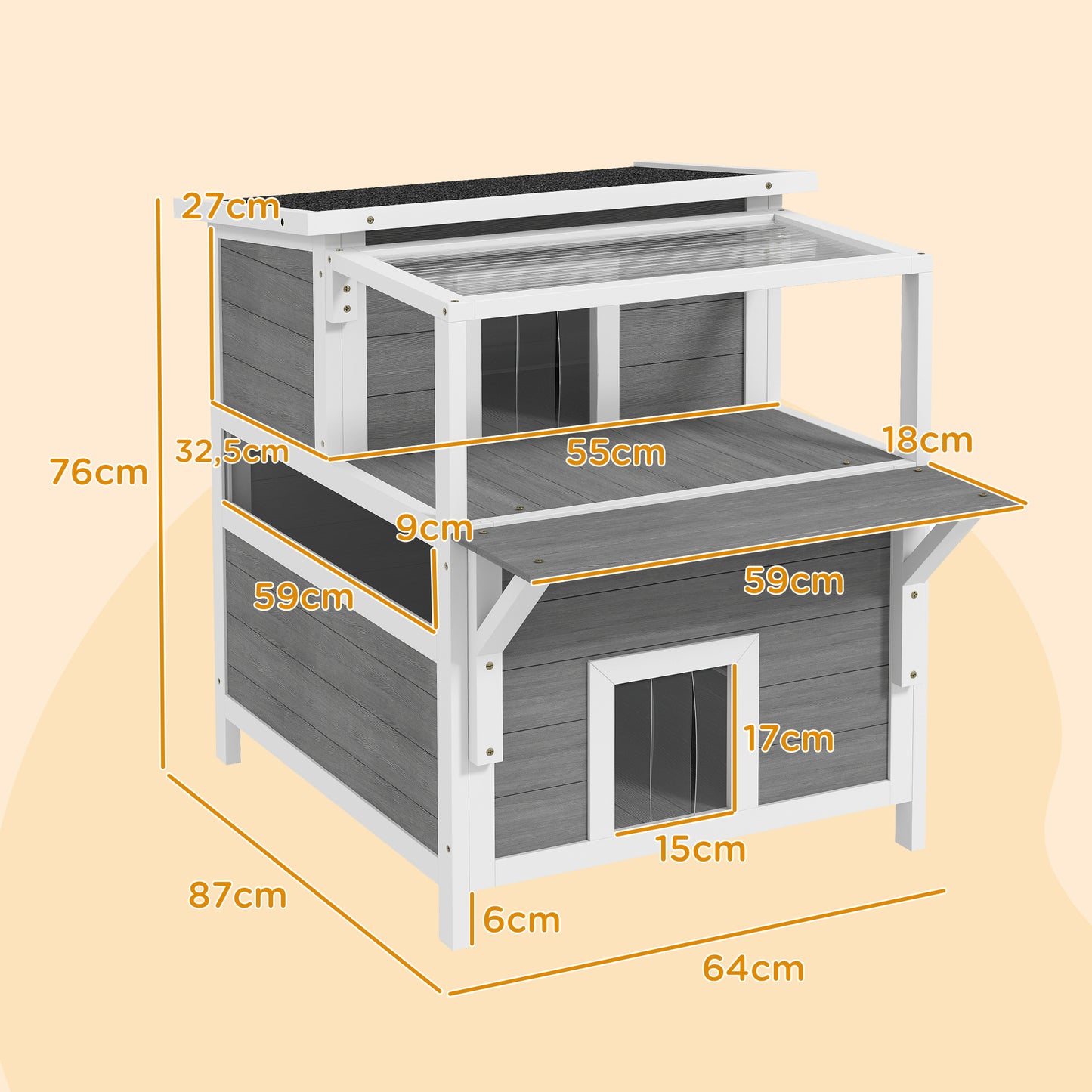 PawHut 2-stöckiges Katzenhaus mit Balkon, Wetterfeste Katzenhütte, Regen- und Sonnenschutz, für drinnen und draußen, Hellgrau