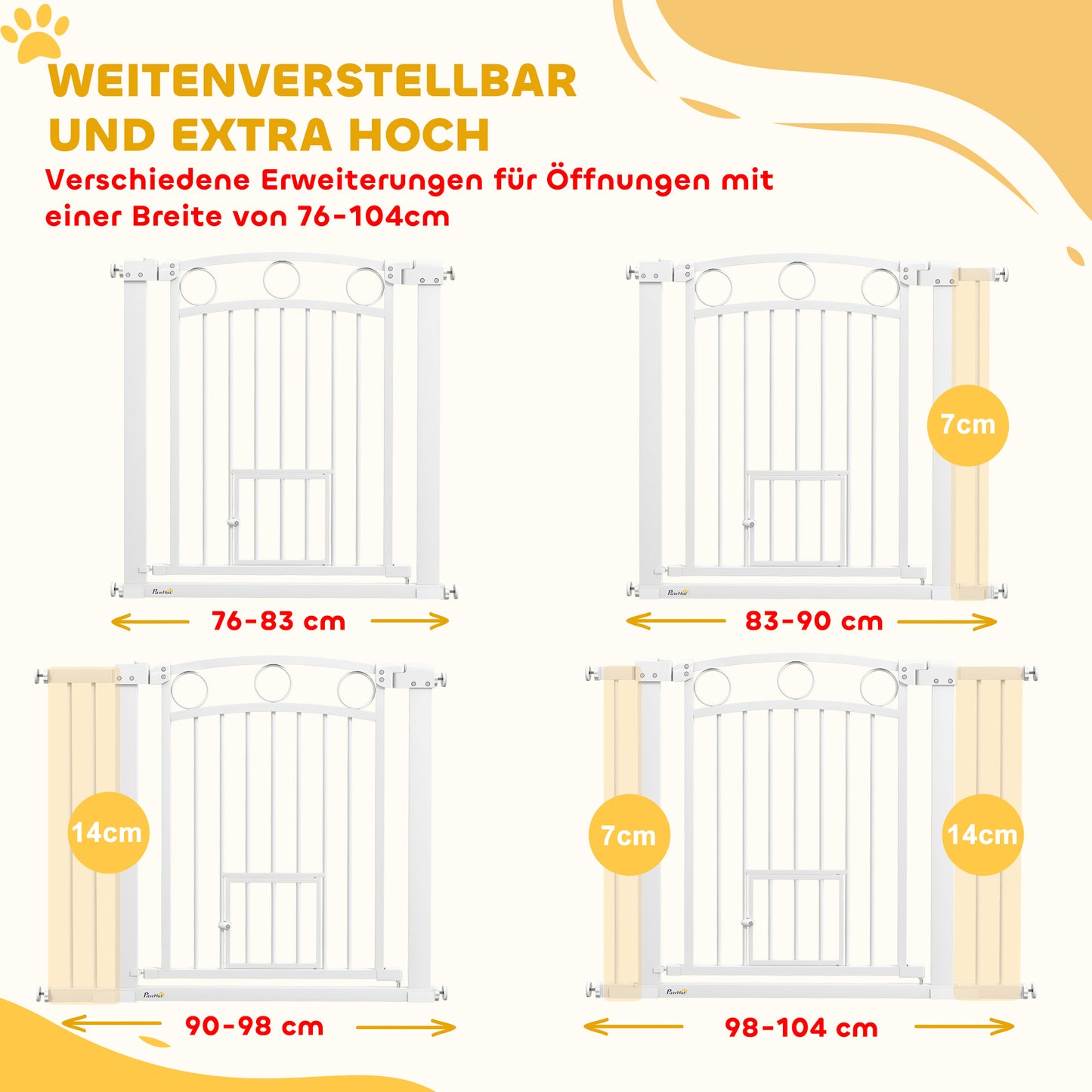 PawHut Haustiertor, 77 cm Treppengatter, verstellbare Breite 76-104 cm, mit Katzentür, für Treppen und Türöffnungen, Weiß