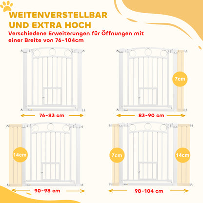 PawHut Haustiertor, 77 cm Treppengatter, verstellbare Breite 76-104 cm, mit Katzentür, für Treppen und Türöffnungen, Weiß