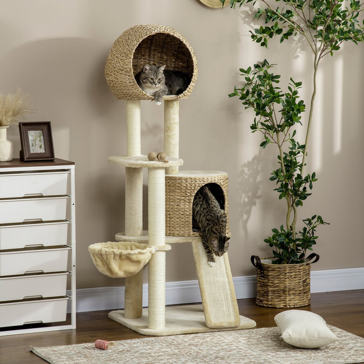 PawHut Kratzbaum, mit Katzenhaus, mehrere Plattformen, Hängematte, Kratzmatte, Kippschutz, beige, 60 x 60 x 150cm