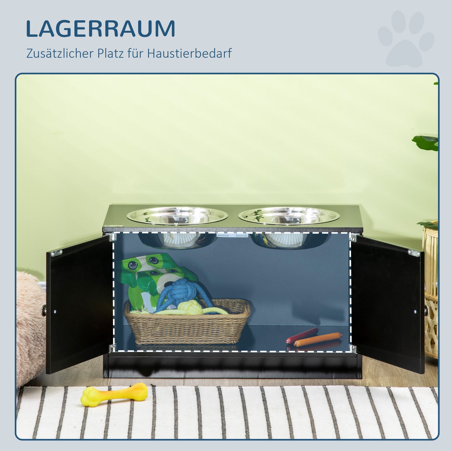 PawHut Erhöhte Futterstation mit 2 Edelstahlschüsseln und 44 L Stauraum, Magnettüren, für große Hunde, Schwarz