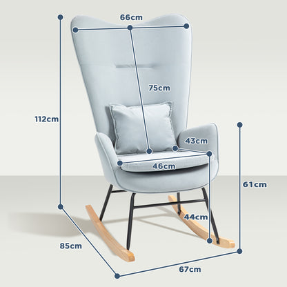 HOMCOM Schaukelstuhl, weicher Bezug in Samtoptik, mit Lendenkissen, bis 120 kg belastbar, 67 x 85 x 112 cm, Hellgrau