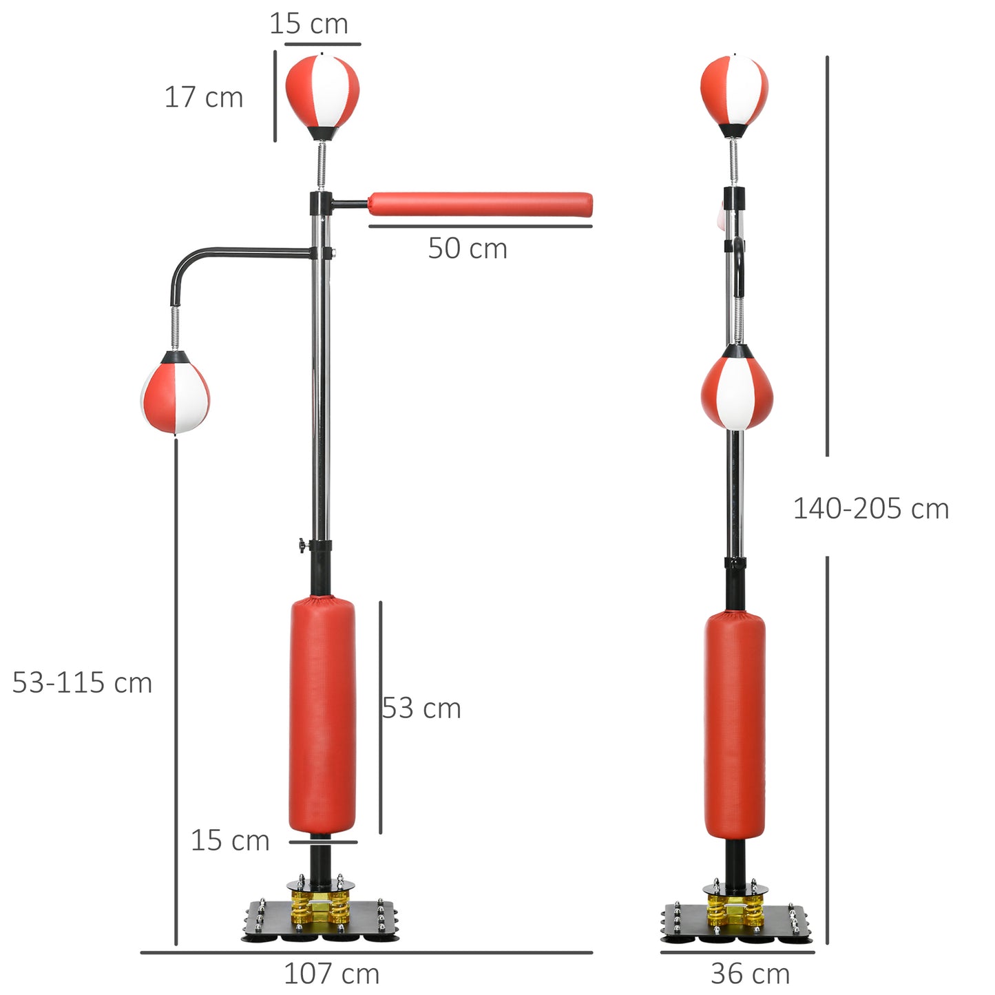 SPORTNOW Boxstand, zwei Speedballs, drehbare Boxstange, Kickpolster, höhenverstellbar, Stahl, 107 x 36 x 140-205cm
