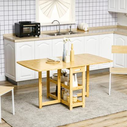 HOMCOM Klapptisch, Esstisch, zwei klappbare Seiten, zwei Ablagen, verstellbare Füße, Bambus, 149,5 x 80 x 73,5cm