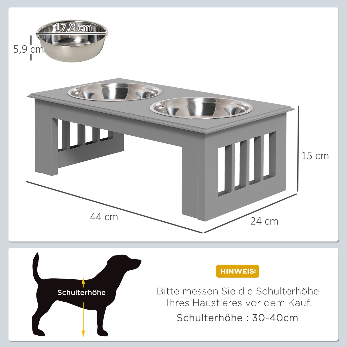 PawHut Hunde-Futterstation، rutschfest، 44x24x15 سم، Grau، 0,9L pro Napf