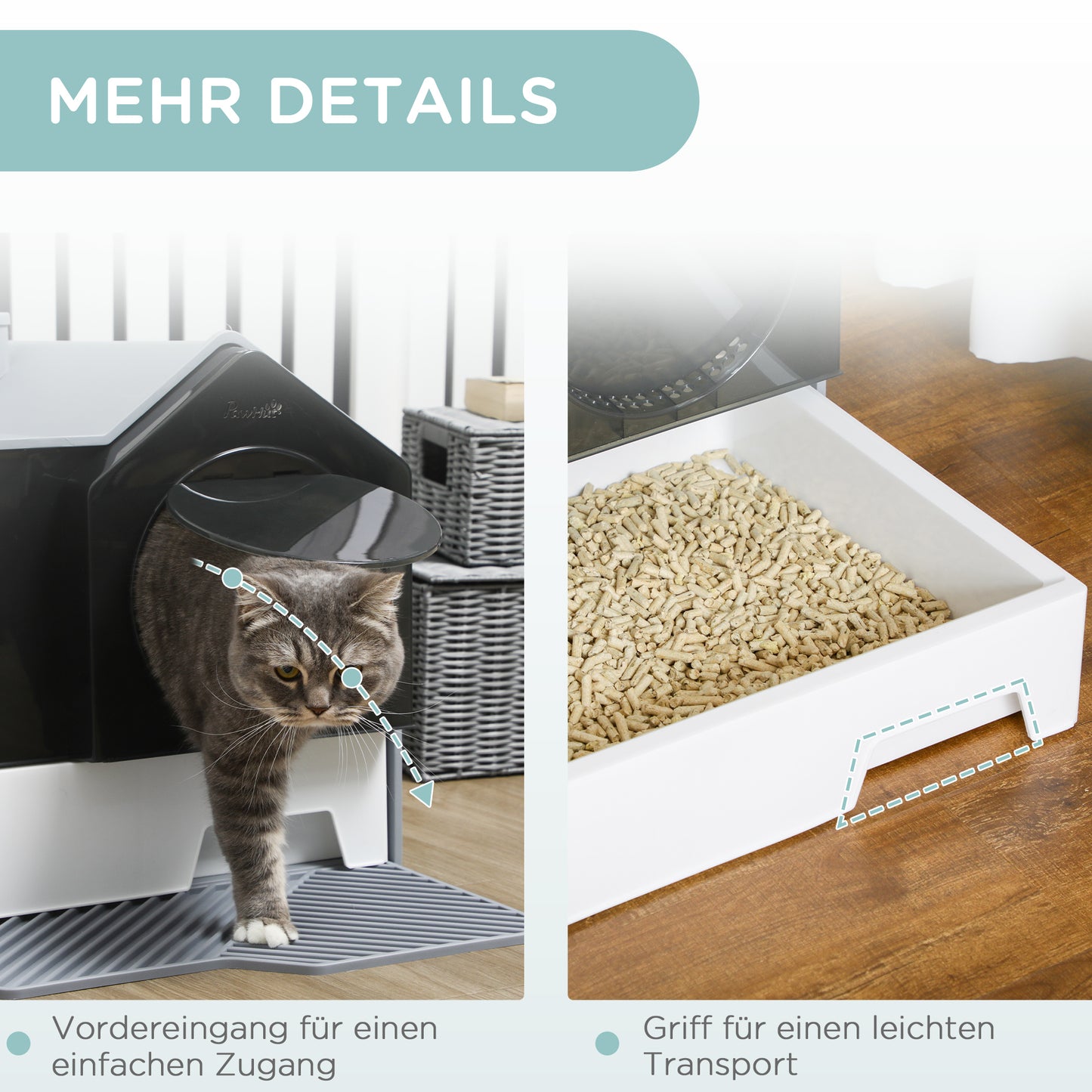 PawHut Katzentoilette im niedlichen Design, 1 Siebvorleger, 1 Streuschaufel, herausnehmbare Bodenwanne, Grau