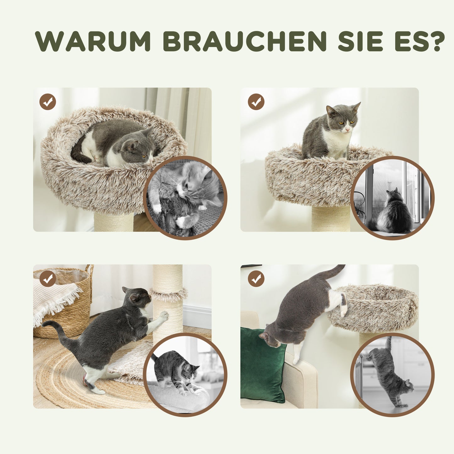 PawHut Katzenbaum, 87 cm, Katzenturm mit dickem Kratzpfosten, Plüschbett, für den Innenbereich, trägt bis zu 6 kg, Braun