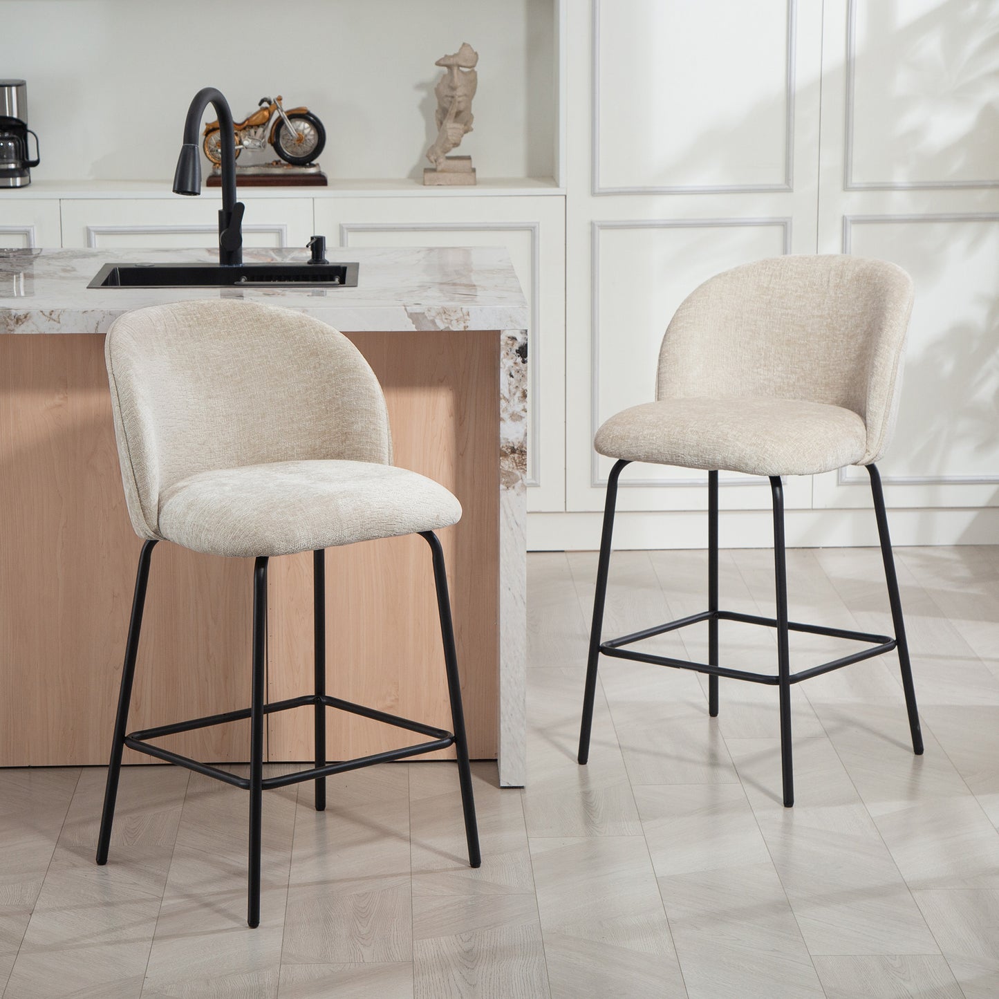 HOMCOM 2er-Set Barhocker mit Rückenlehne und Fußstütze, Polsterstühle mit Stahlbeinen für Kücheninsel, Esszimmer, Beige