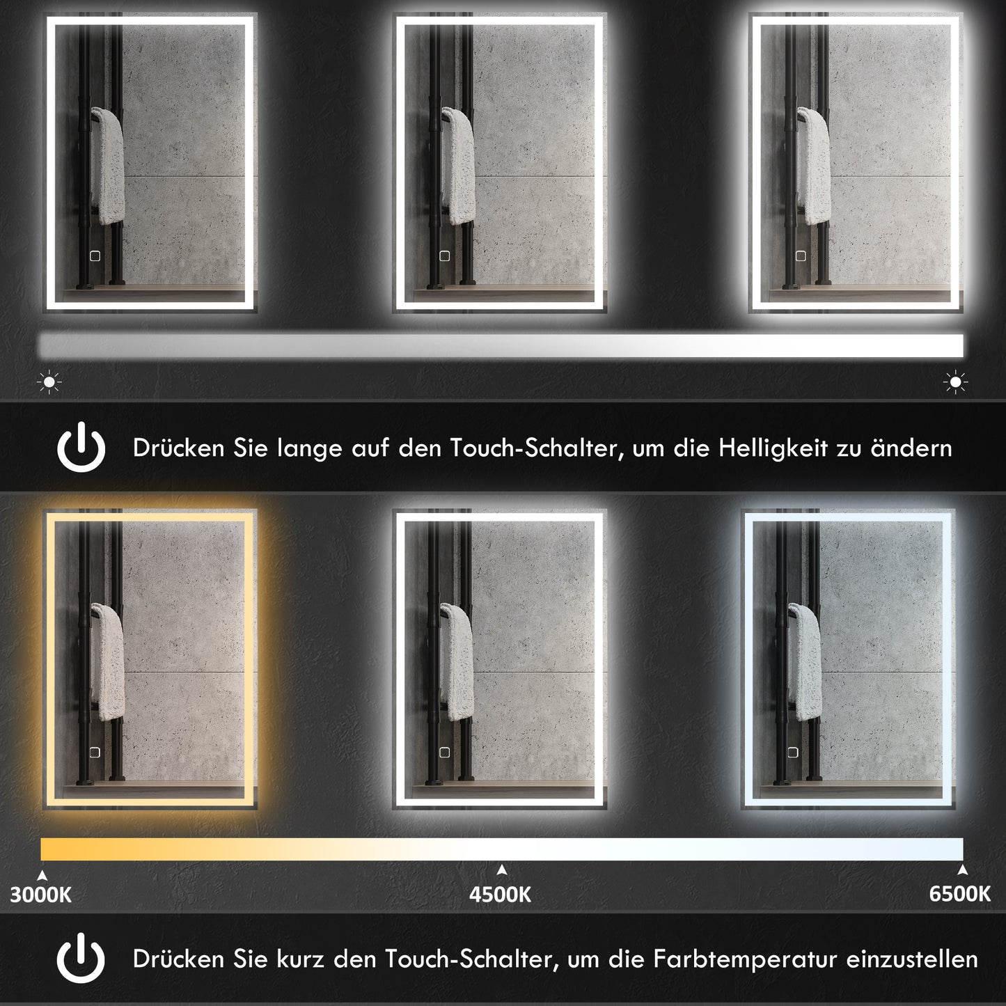 HOMCOM Badspiegel Badezimmerspiegel Wandspiegel LED´s. Berührungsschalter, Weiß
