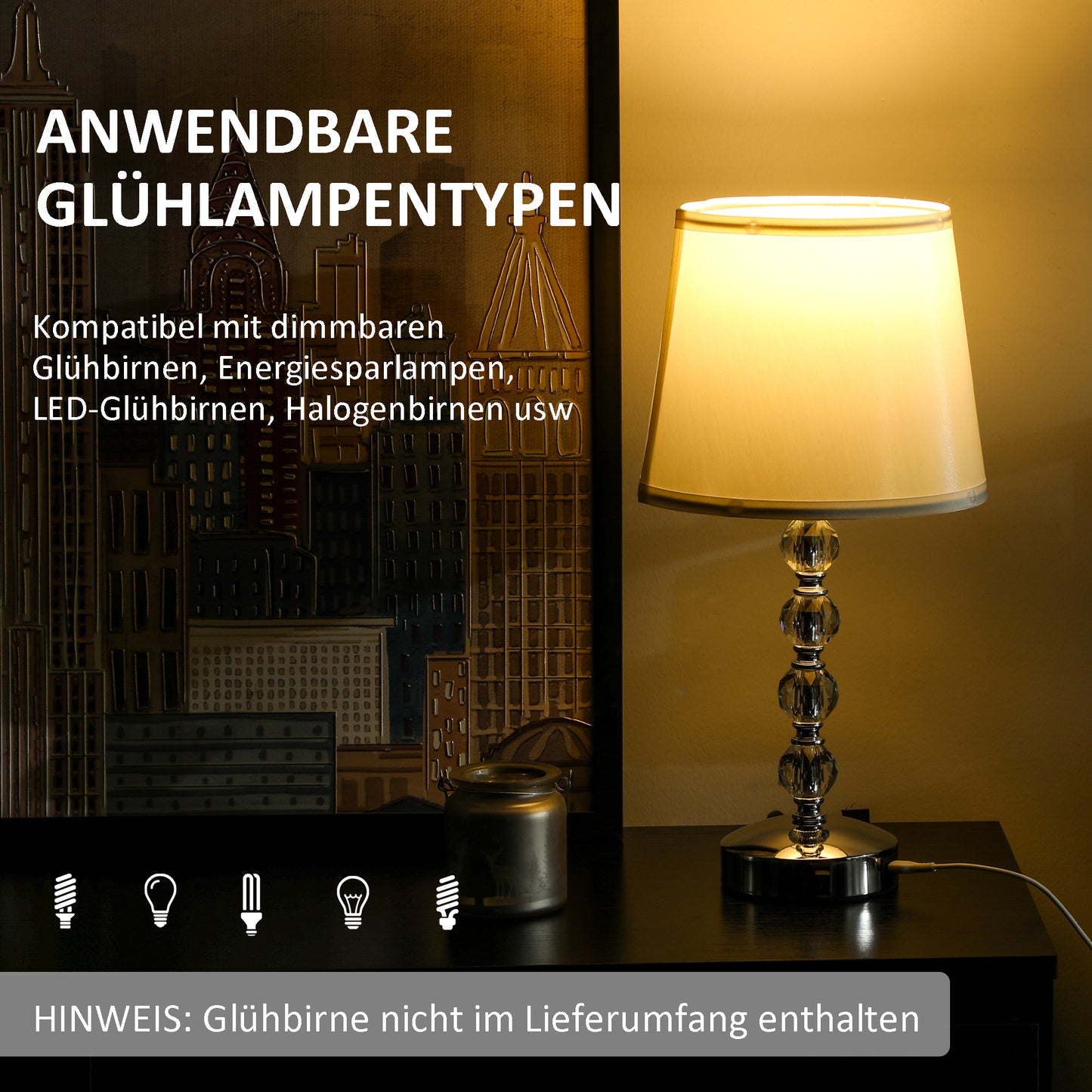 HOMCOM Kristall-Tischleuchte, Touch-Schalter, USB-Ladeanschluss, Ø23x45 cm, Silber