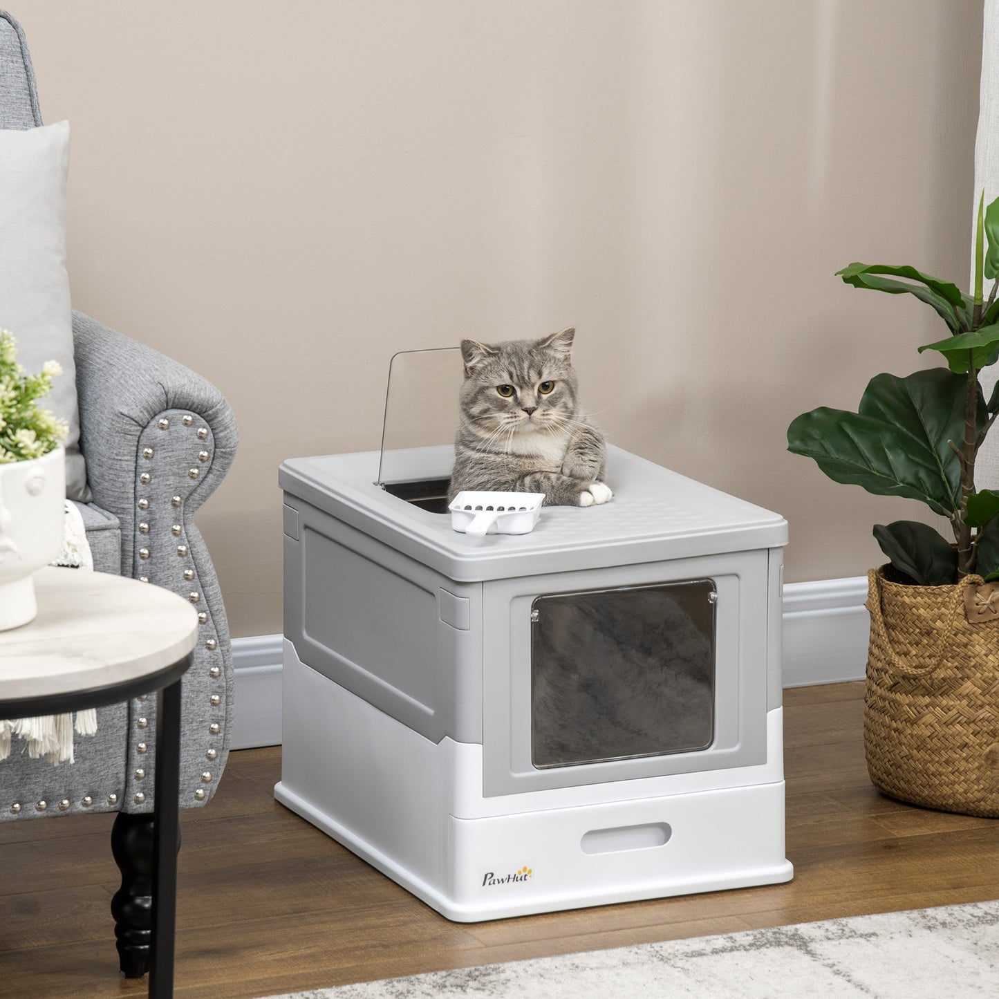 Katzentoilette Katzenklo Katzenhaus mit Bodenschale und Schaufel Kunststoff Grau