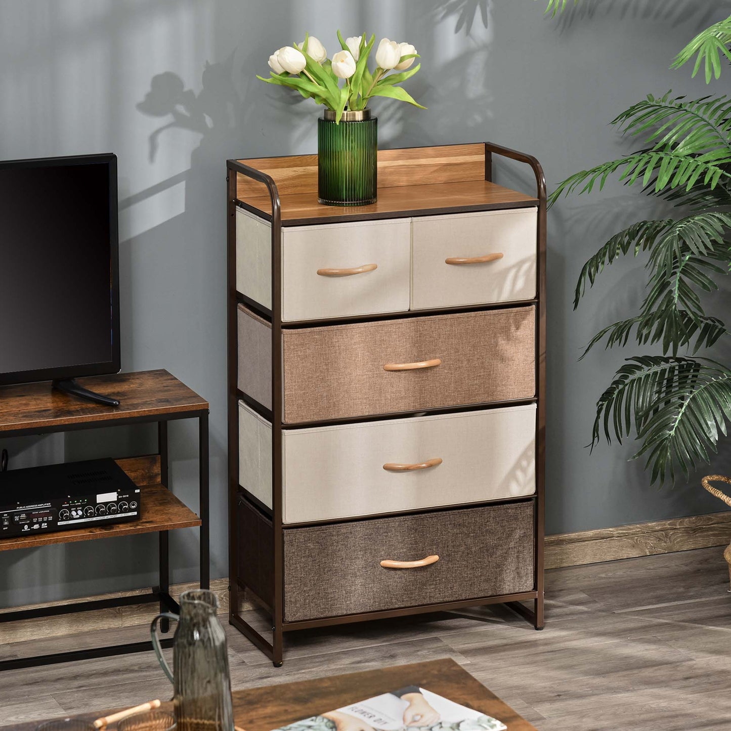 HOMCOM Kommode mit 5 faltbaren Stoffschubladen, Ablage, stabiler Stahlrahmen, 58 x 29 x 99 cm