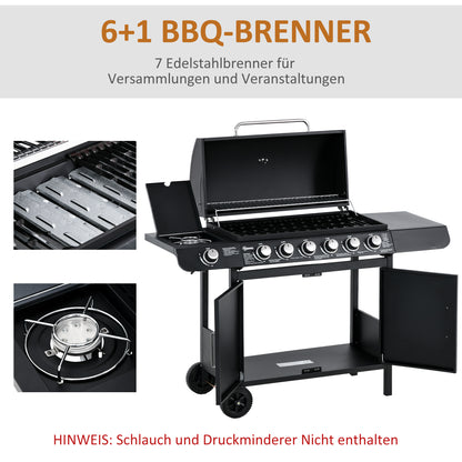 Outsunny Gasgrill mit 7 Brennern, inkl. Thermometer, BBQ -Grill, mobiler Grill, Schwarz