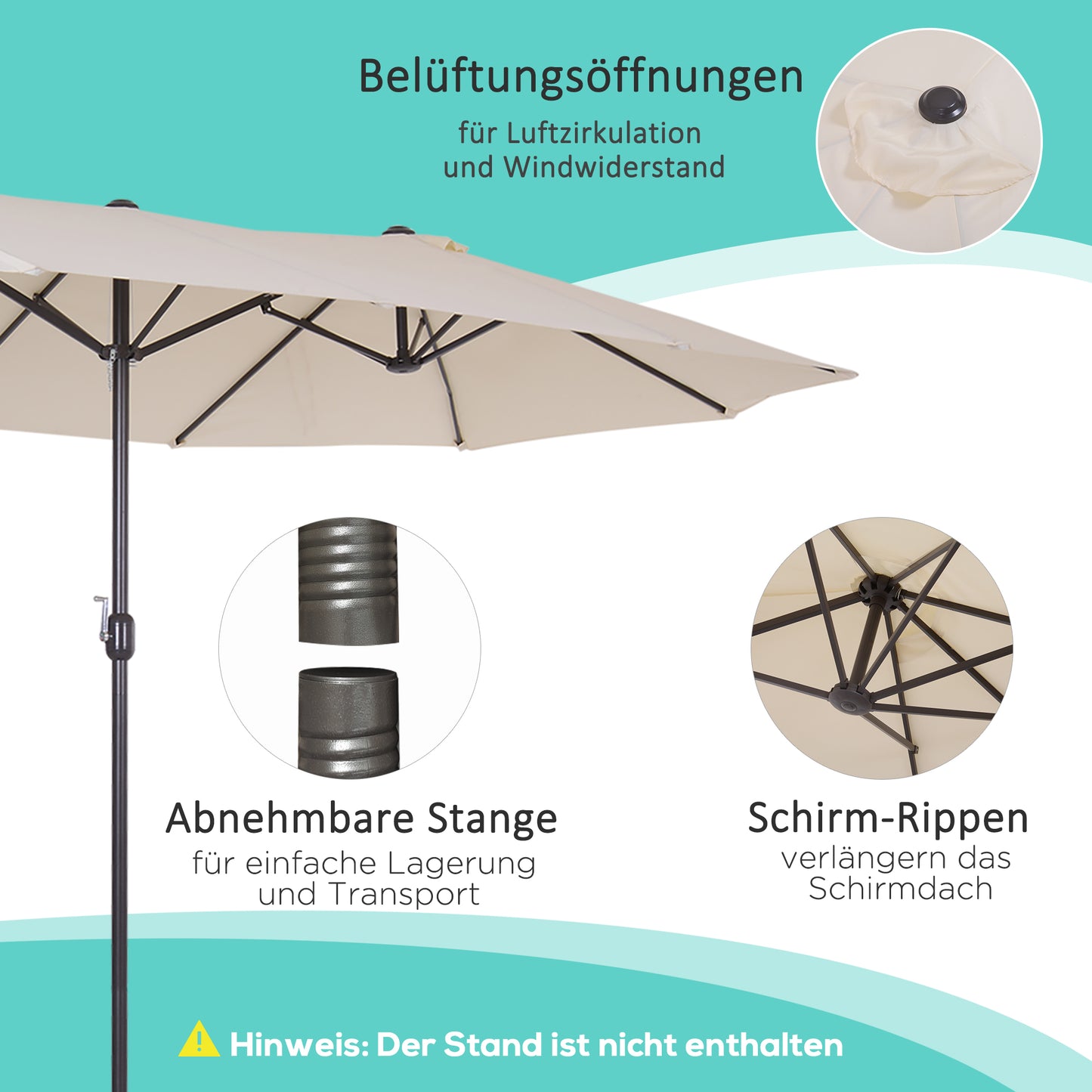 Outsunny XXL Sonnenschirm mit Handkurbel wetterbeständig 455 سم × 270 سم × 240 سم ستال بوليستر بيج