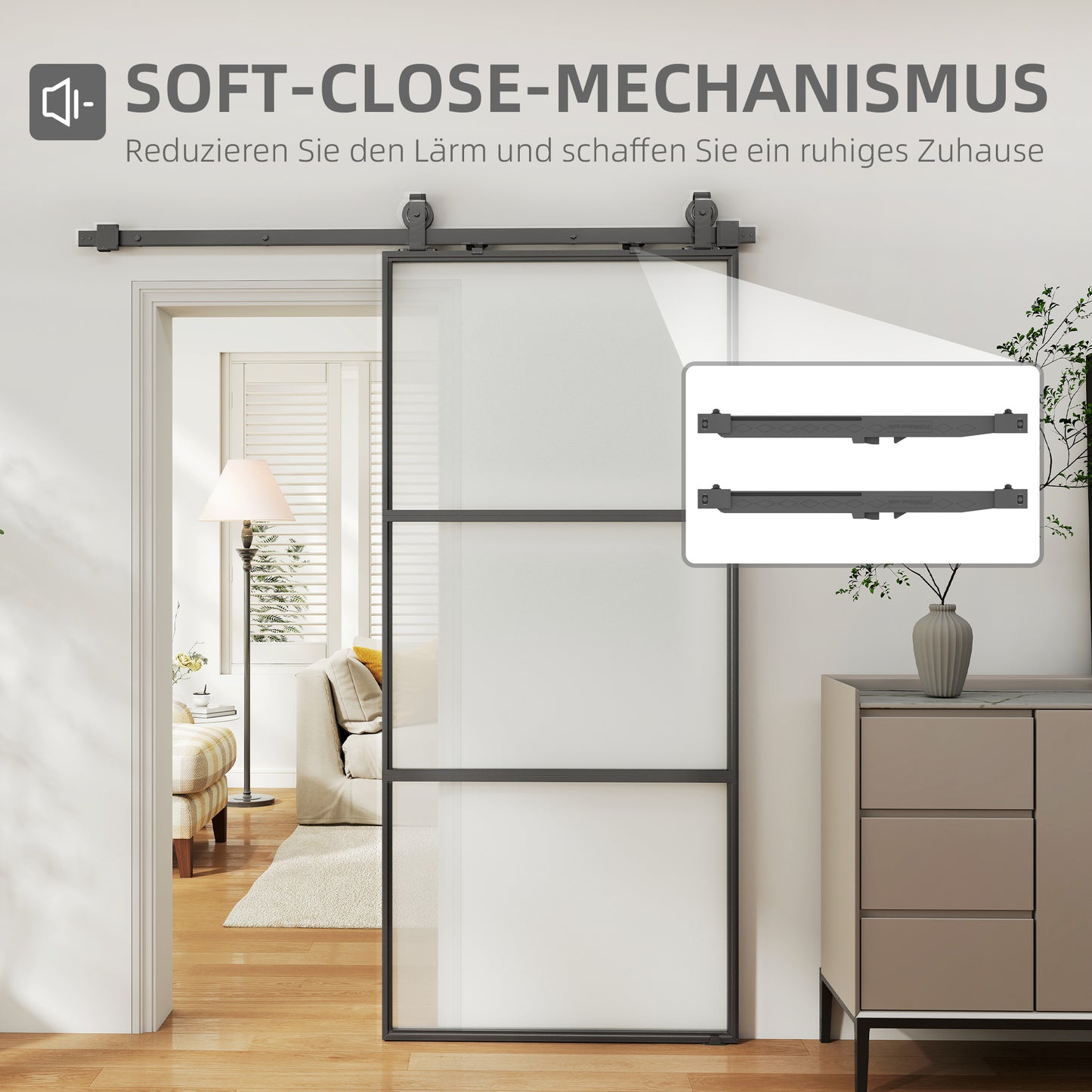 HOMCOM Schiebetür mit Milchglas, Schienensystem, Montagesatz, Soft-Close-Mechanismus, leichter Zusammenbau, Stahl, Schwarz