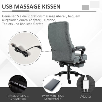 Vinsetto Bürostuhl massage, höhenverstellbarer Chefsessel, Gamingstuhl mit Fußstütze Massagefunktion, ergonomischer Drehstuhl, Massage Sessel, Leinen-Gefühl, Grau, 64 x 74 x 109-117 cm