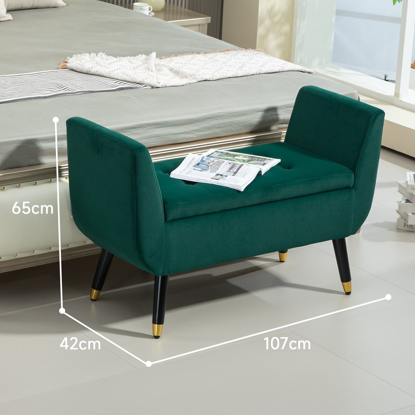 HOMCOM Polsterbank mit Stauraum, Armlehnen, Samtartiges Polyester, Kautschukholz, 107 x 42 x 65 cm, Grün