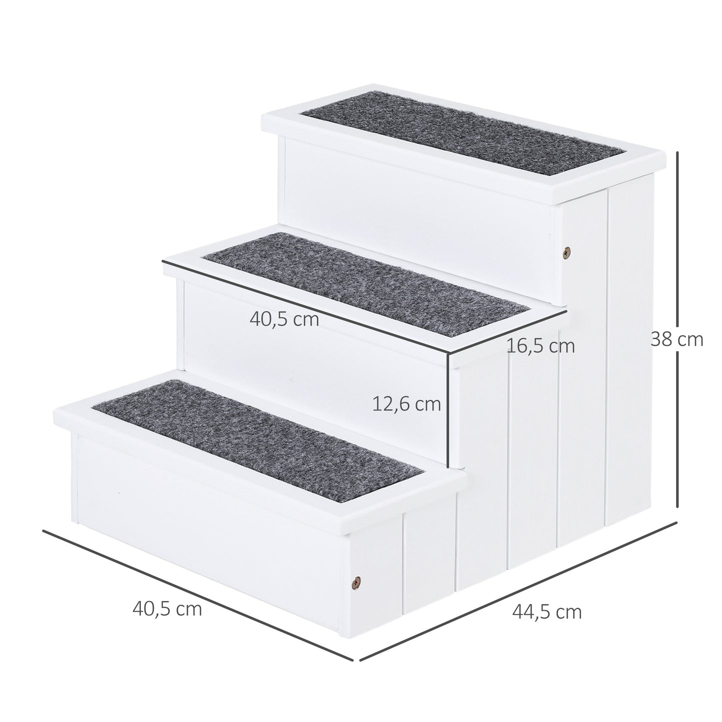 PawHut Hundetreppe 3 Stufen Katzentreppe Haustiertreppe Hundetreppe für Hunde und Katzen Tiertreppe Einstiegshilfe mit Teppich Stauraum für Sofa Bett Tannenholz Weiß 40,5 x 44,5 x 38 cm
