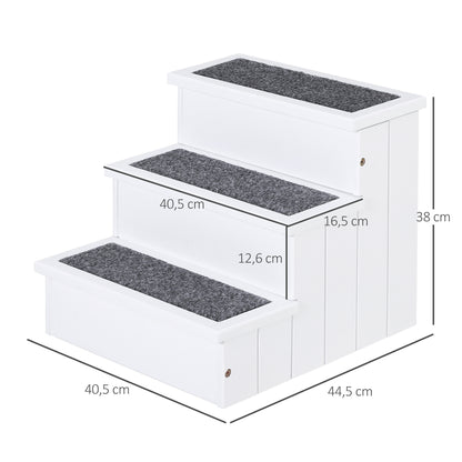 PawHut Hundetreppe 3 Stufen Katzentreppe Haustiertreppe Hundetreppe für Hunde und Katzen Tiertreppe Einstiegshilfe mit Teppich Stauraum für Sofa Bett Tannenholz Weiß 40,5 x 44,5 x 38 cm