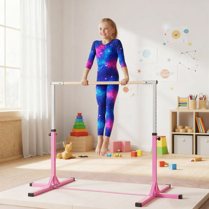 HOMCOM Gymnastik-Turnreck, 13-stufig höhenverstellbar Reckstange, Reck Turnstange aus Holz & stabile Stahlkonstruktion bis 75 kg belastbar, für 3+ Kinder, Indoor, Outdoor, Rosa