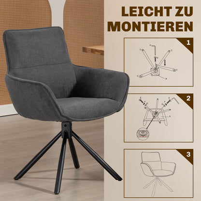 HOMCOM 2er-Set Esszimmerstühle, drehbar, weich gepolstert, Armlehnen, Metallbeine, Dunkelgrau