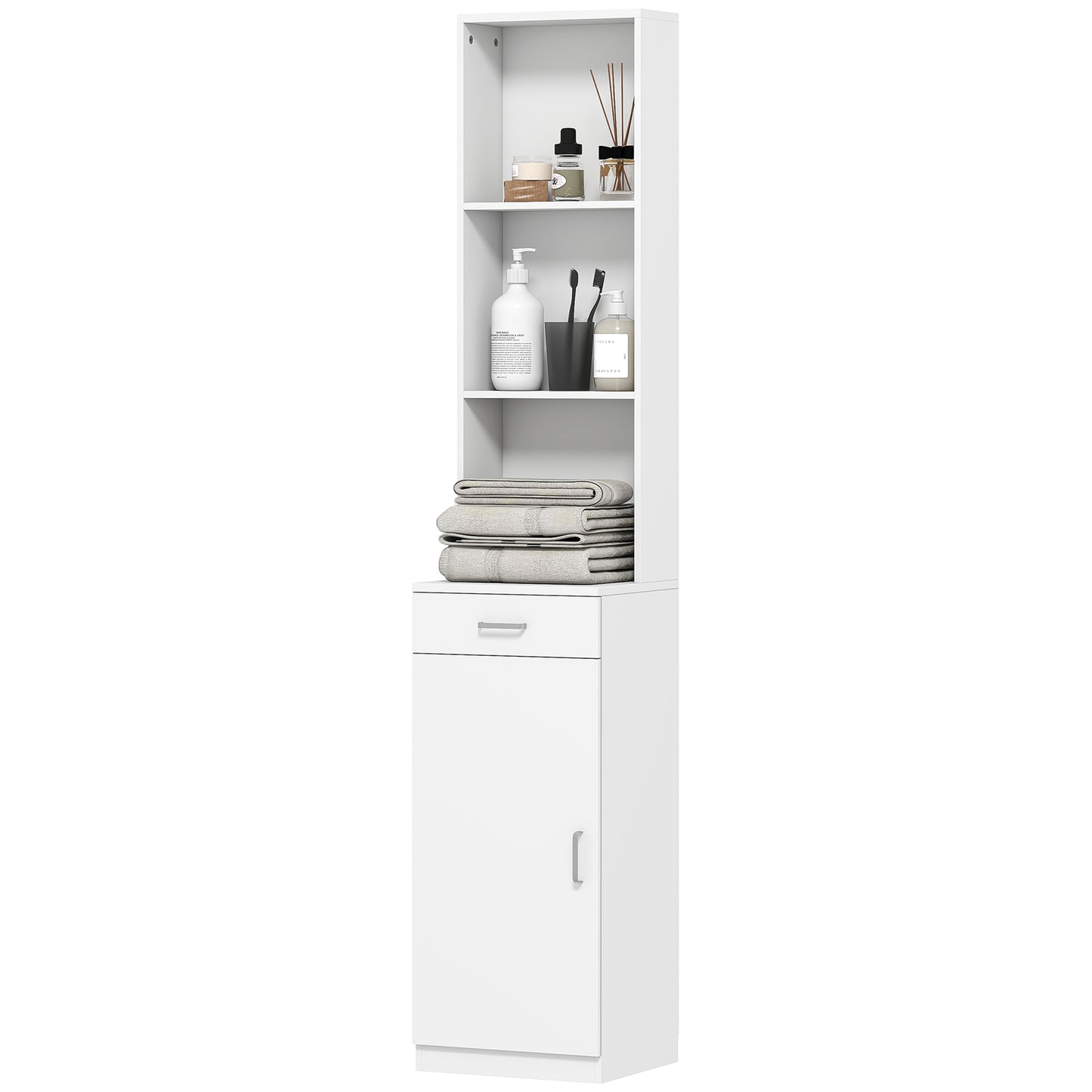 HOMCOM Hoher Badezimmerschrank, schmales Design, Schublade, Regale, Schrank, Spanplatte, Weiß