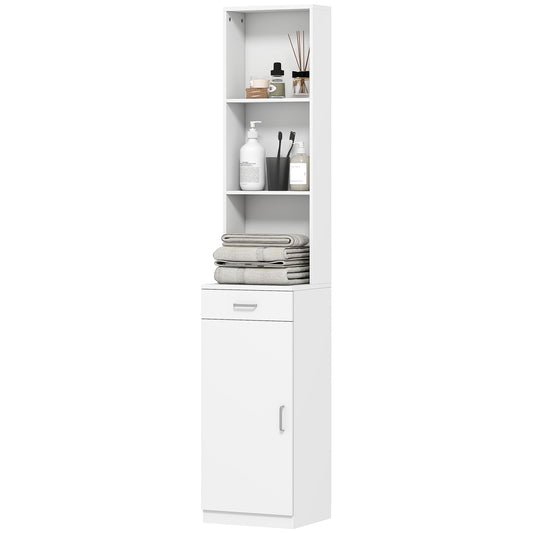 HOMCOM Hoher Badezimmerschrank, schmales Design, Schublade, Regale, Schrank, Spanplatte, Weiß
