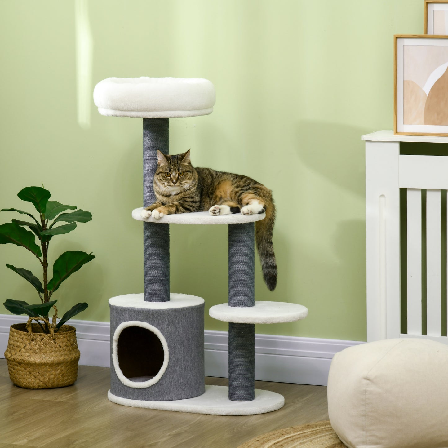 PawHut Kratzbaum mit 1 Katzenhöhle, 1 Katzenbett, 2 Plattformen, Jute-Seilspfosten, Weiß + Grau