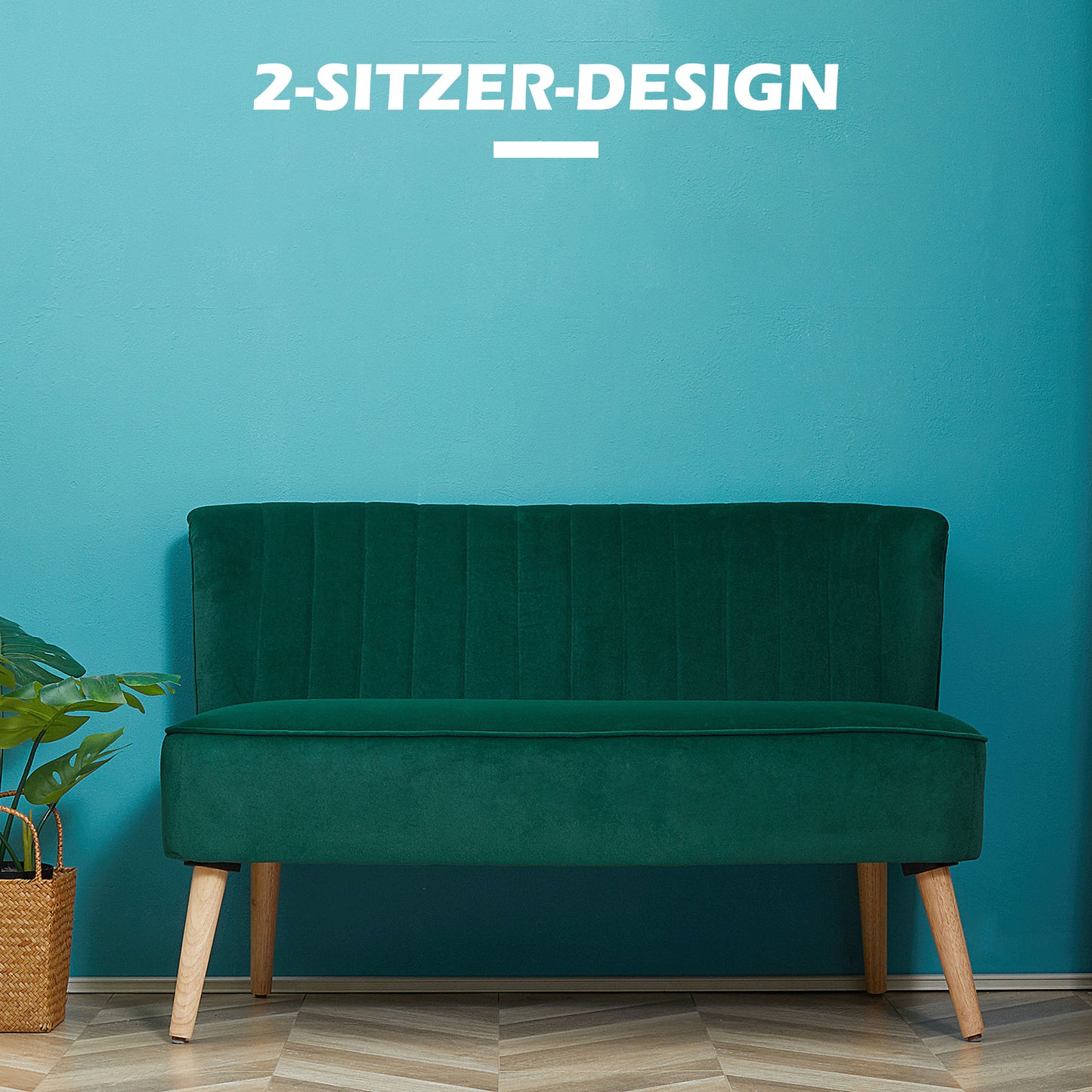 HOMCOM Sofa 2 Sitzer Couch, Kleine Loveseat mit Samt-Optik Modern Polstersofa für Wohnzimmer, Schlafzimmer, kleinen Raum, Dunkelgrün 117 x 56,5 x 77 cm