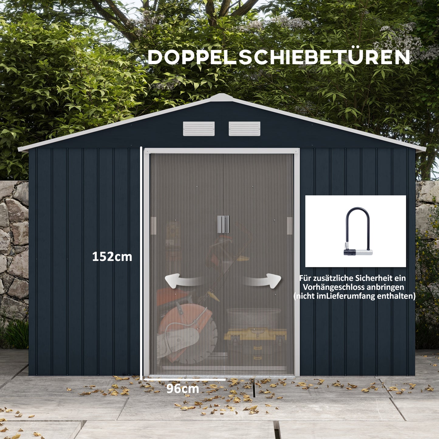 Outsunny Geräteschuppen mit Schiebetüren 2,77 x 1,95 x 1,92 m Metall Kohlegrau