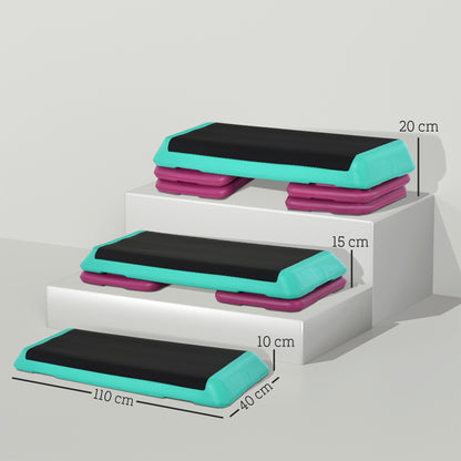 HOMCOM Steppbrett höhenverstellbar Fitness Stepper 3 Stufen (10/15/20 cm) Rutschfest Stepbench für Zuhause Fitnessstudio Büro Kunststoff Schwarz+Grün+Violett