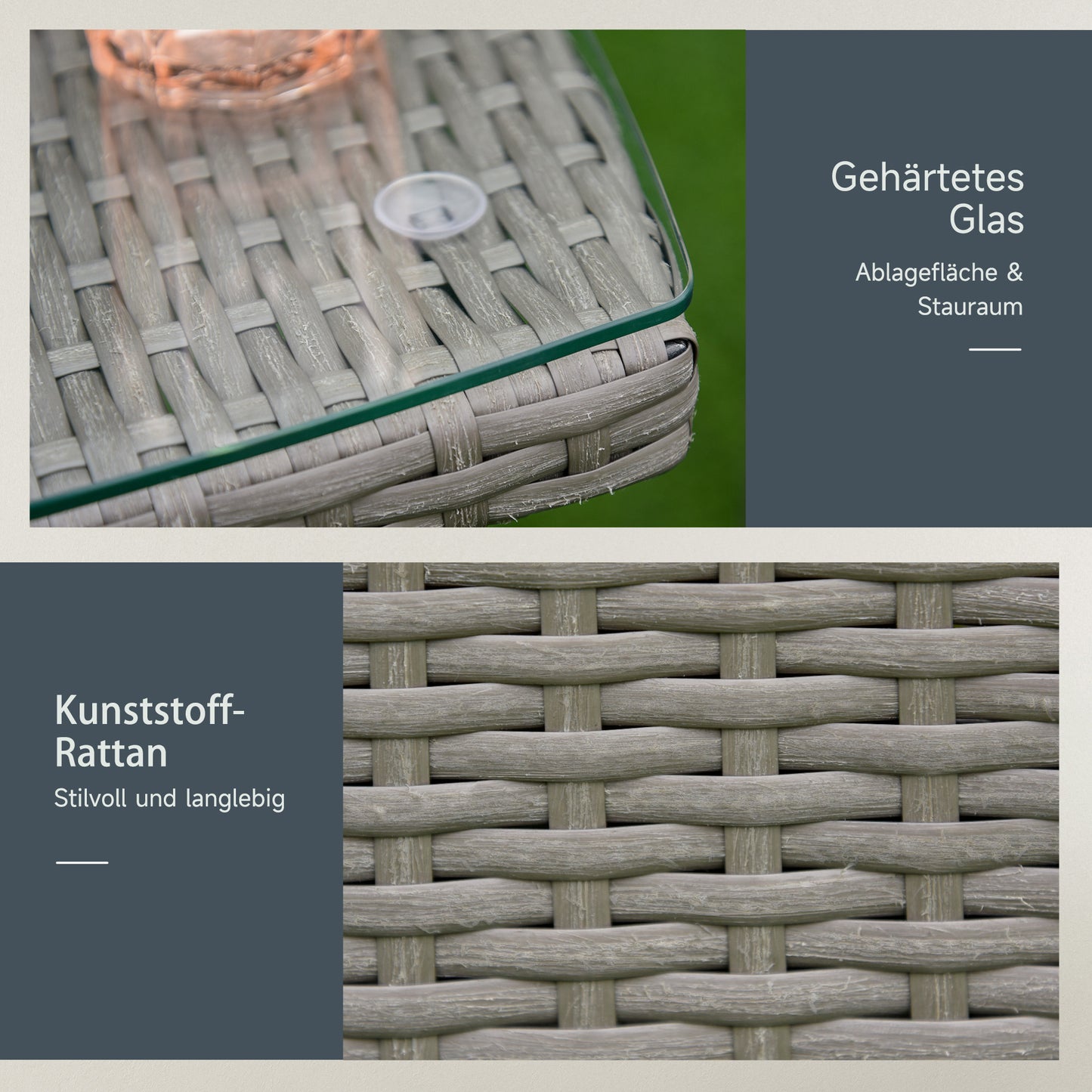 Outsunny Polyrattan Gartenmöbel Set, Outdoor Lounge Balkonmöbel für 2 Personen, 3-teilig Sitzgruppe, 2 Stühle, Tisch Sitzkissen, Gartenlounge für Garten, Terrasse, Balkon, Grau