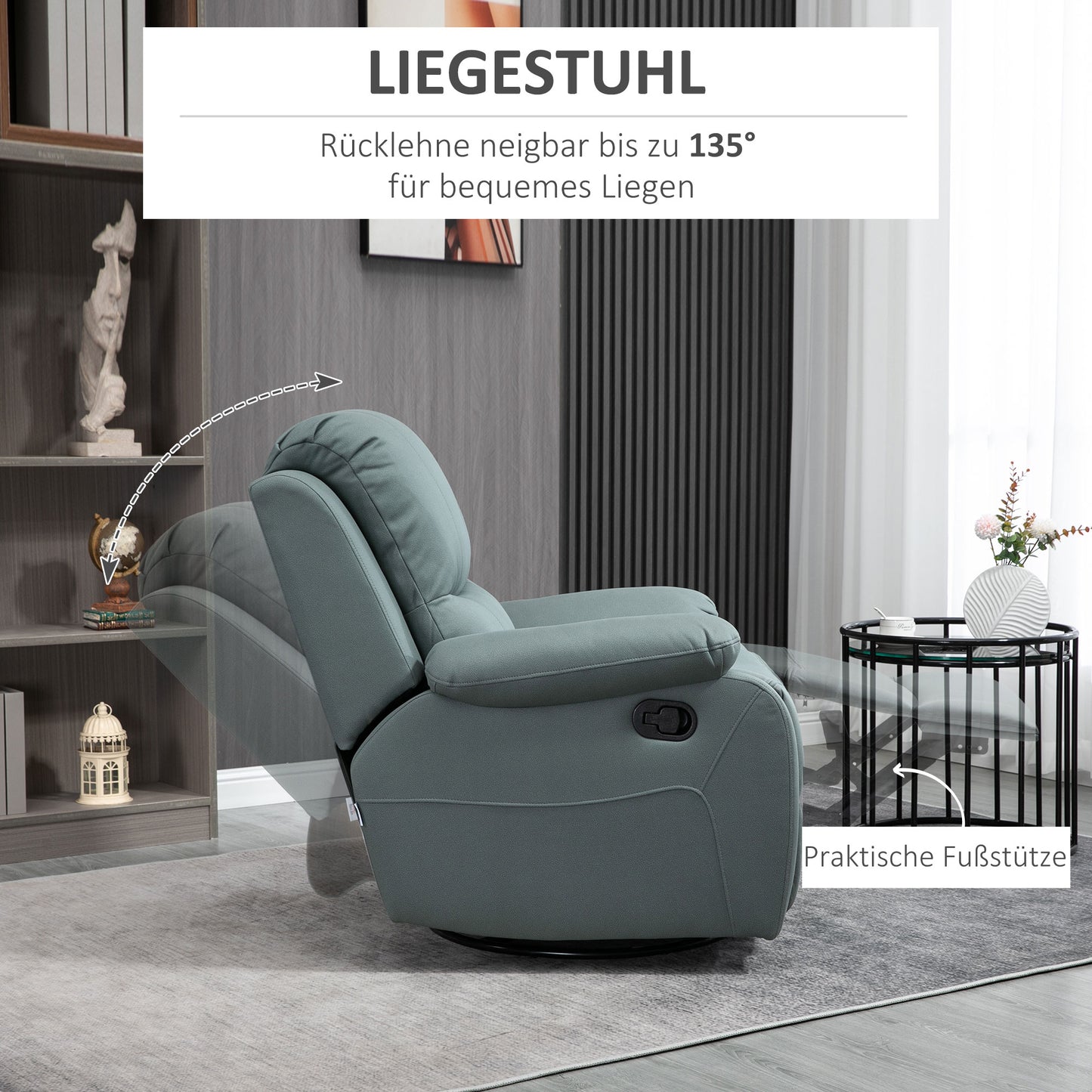 HOMCOM Relaxsessel mit Neigungsverstellung bis 135° 360 Grad drehbar 93 cm x 100 cm x 98 cm Stahlgestell Grün