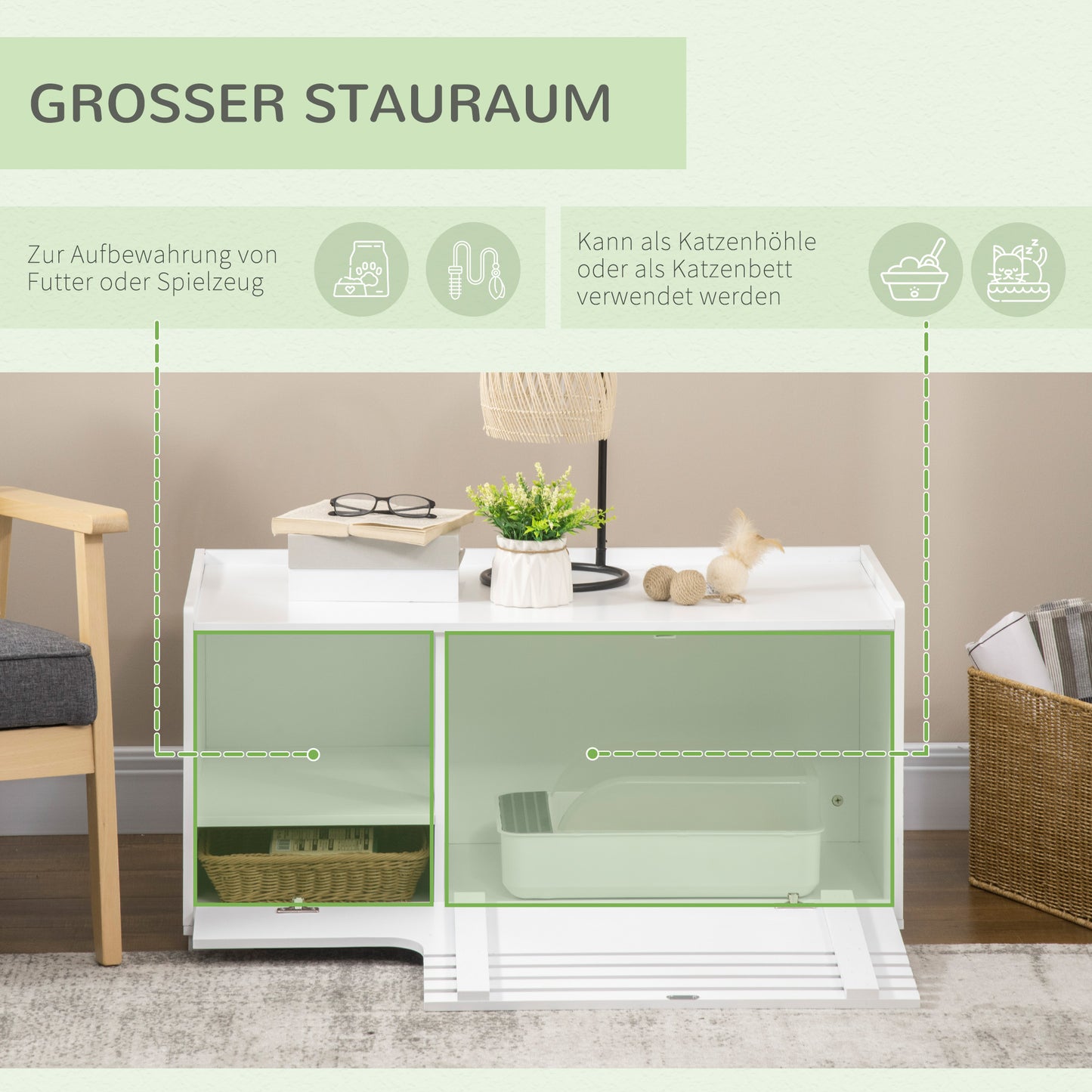 PawHut Katzenschrank mit 2 Regalen 2-in-1 Design Magnettür Weiß