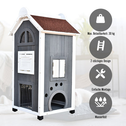 PawHut Katzenhaus für Katzenbett oder Katzentoilette, Katzenschrank, Katzenklo Indoor, Tannenholz, Asphaltdach, Grau, 59 x 55 x 109 cm