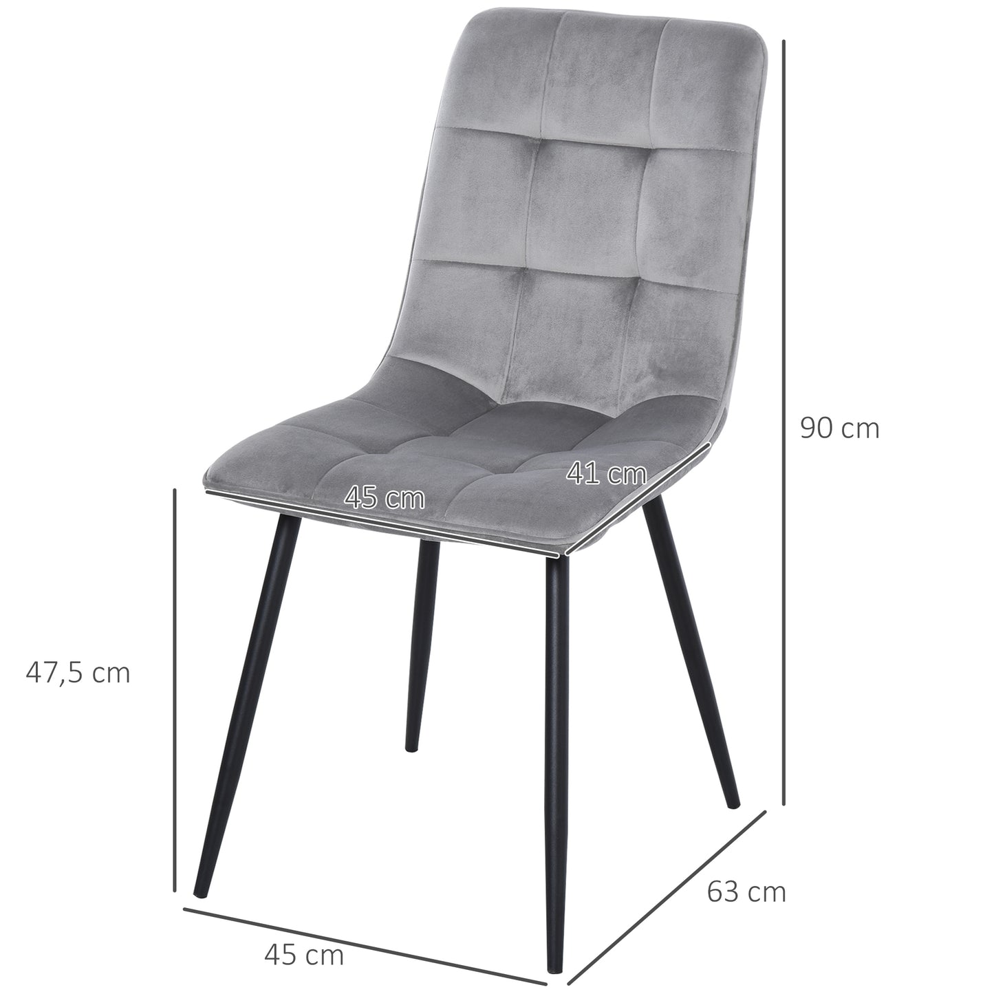 HOMCOM 2er-Set Esszimmerstuhl Polsterstuhl Küchenstuhl mit Samt-Optik Esstisch Samt Metall Grau+Schwarz 45 x 63 x 90 cm