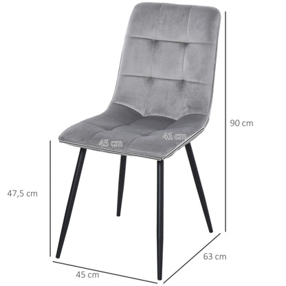 HOMCOM 2er-Set Esszimmerstuhl Polsterstuhl Küchenstuhl mit Samt-Optik Esstisch Samt Metall Grau+Schwarz 45 x 63 x 90 cm