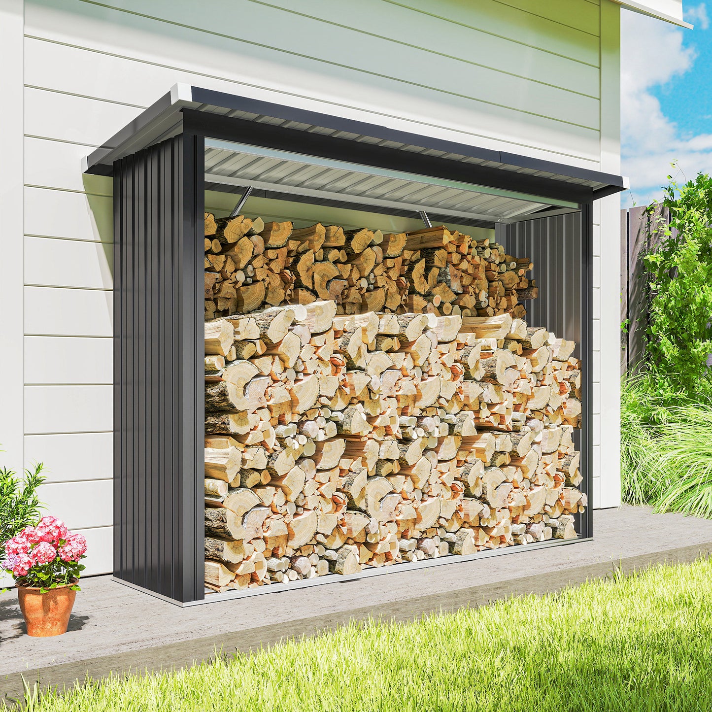 Outsunny Brennholzschuppen, Feuerholzunterstand, Stahl, erhöhter Boden, Schrägdach, 213 x 66,5 x 150 cm, Dunkelgrau