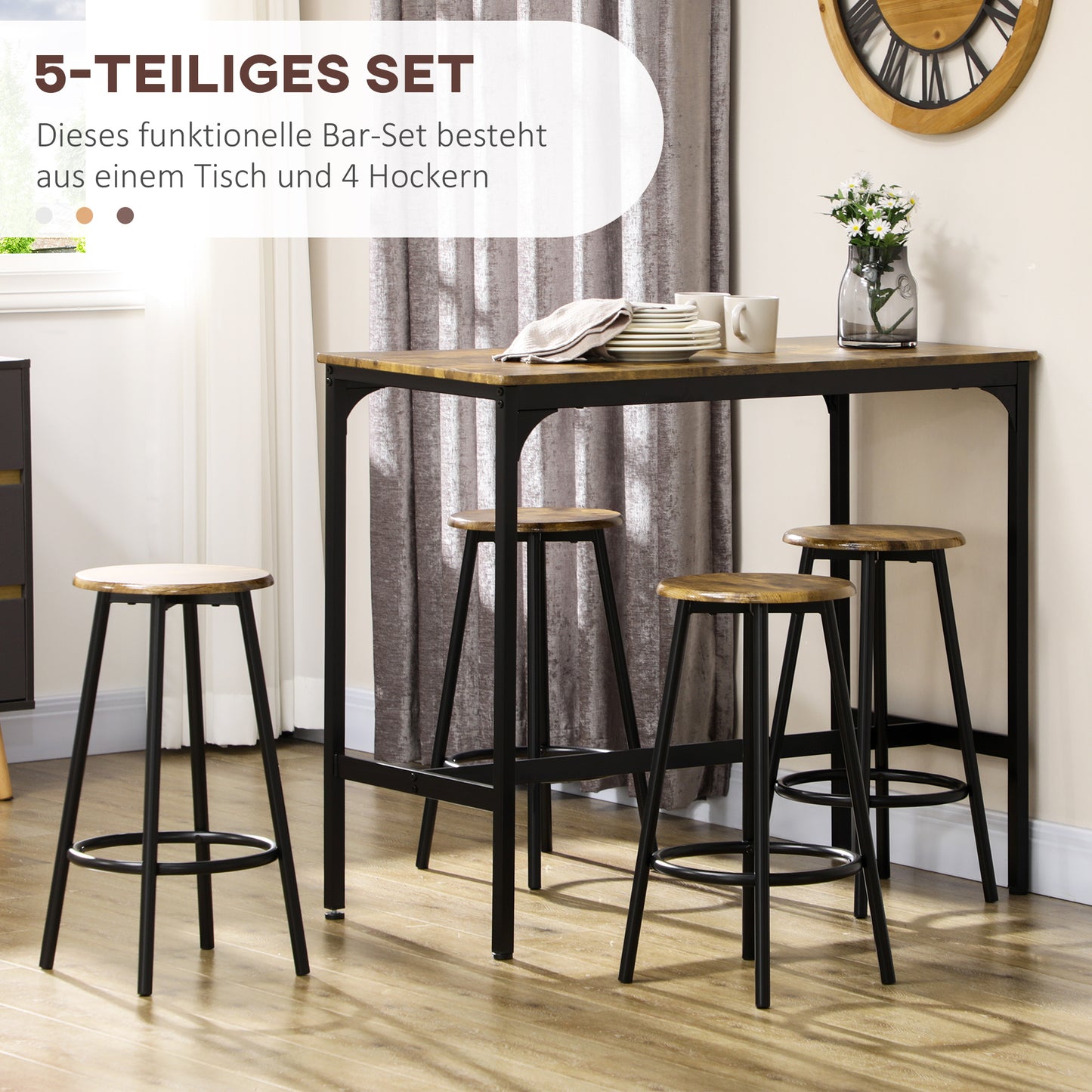 HOMCOM 5-tlg. Bartisch-Set im Industriedesign, 1 Bartisch, 4 Barhocker, Sitzgruppe, Küchentresen, Schwarz + Braun