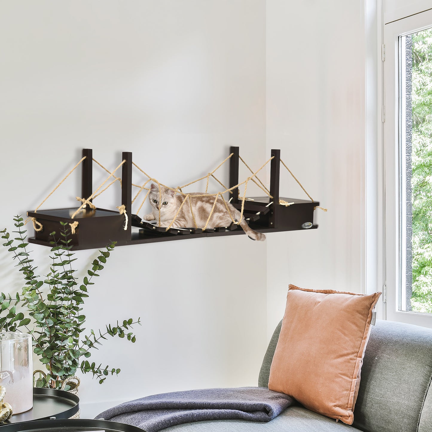 PawHut Katzenkletterwand, Katzenregal, Hängebrücke, 96 cm x 20 cm x 25,5 cm, Braun