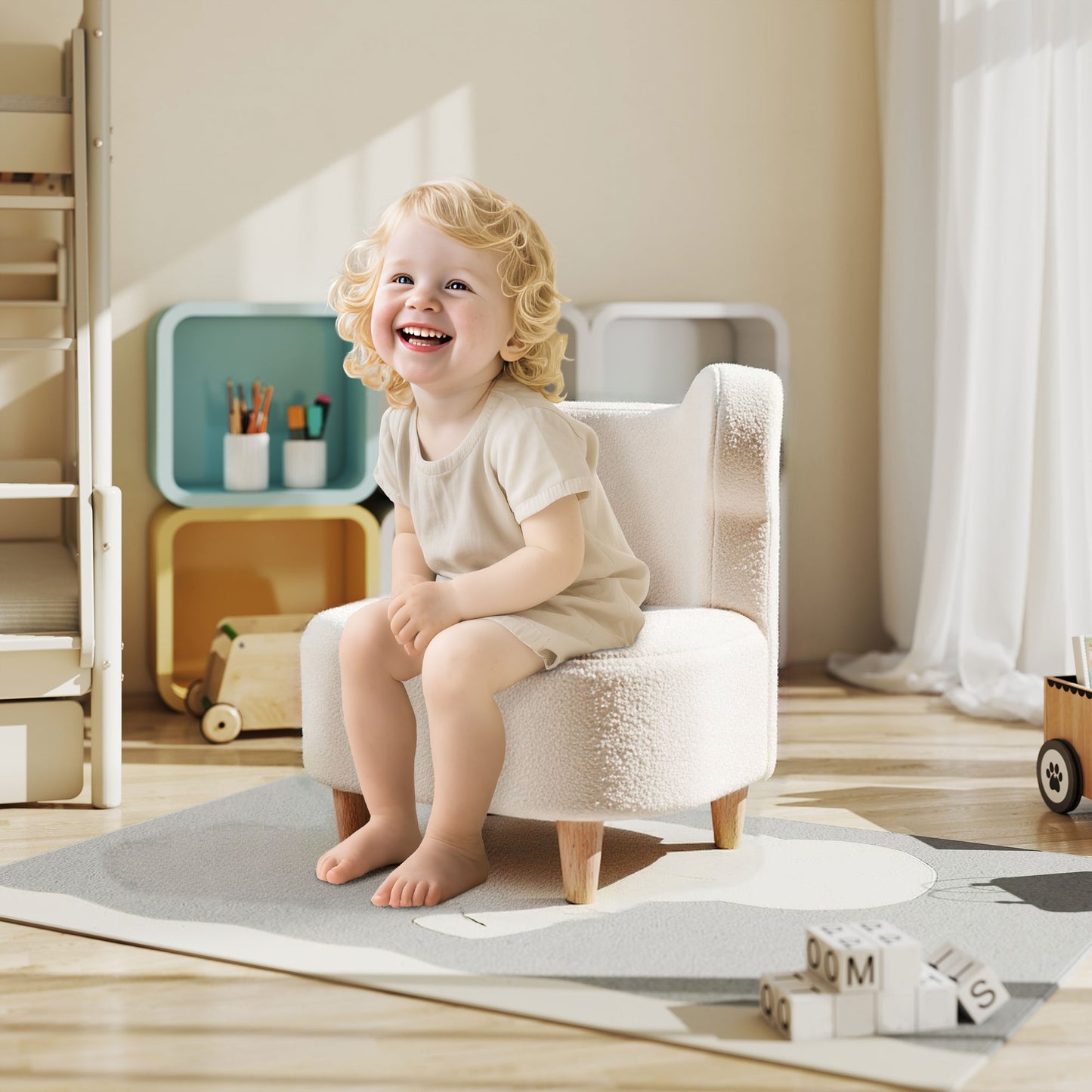 AIYAPLAY Kindersessel، Plüschsessel mit Bärenohren، Fleece-Bezug، Schaumstoff، بيج