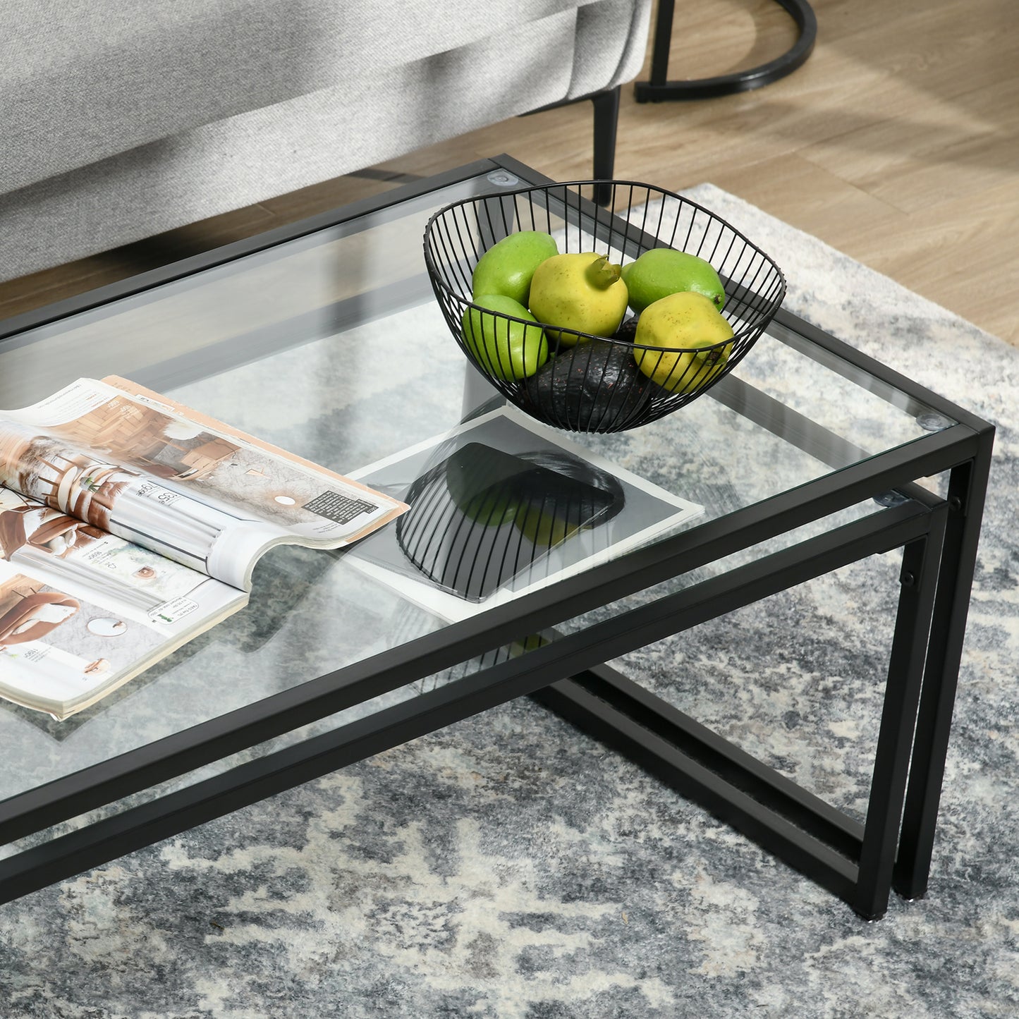 HOMCOM 2er-Set Couchtische, Glastische, mit pulverbeschichtetem Stahl, Schwarz + Transparent