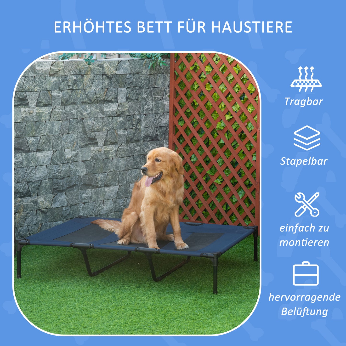 PawHut Hundebett, faltbar, Outdoor-Hundebett, erhöhter Stand, 122 cm x 92 cm x 23 cm, Blau + Schwarz