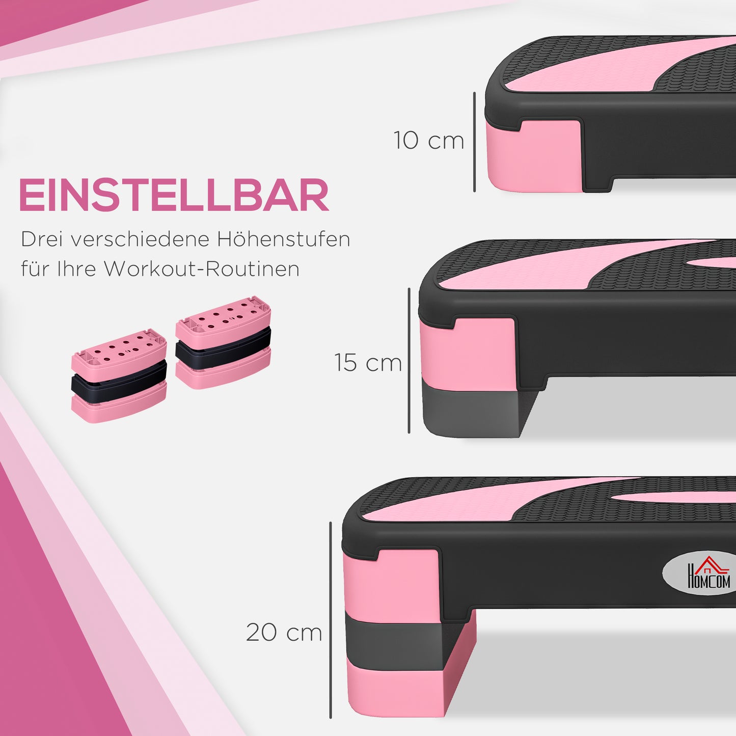 HOMCOM Aerobik-Stepper, höhenverstellbar, 80 x 31 x 10/15/20 cm, bis 150 kg, Schwarz/Rosa/Grau